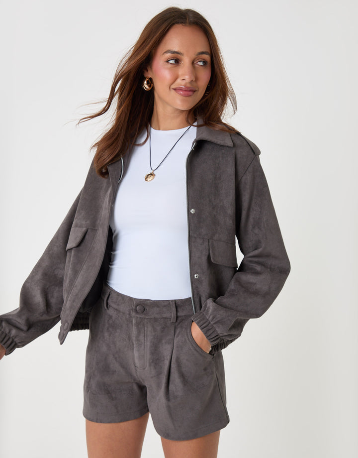 Threadbare Faux Suede Collared Bomber Jacket in Charcoal Grey - front view