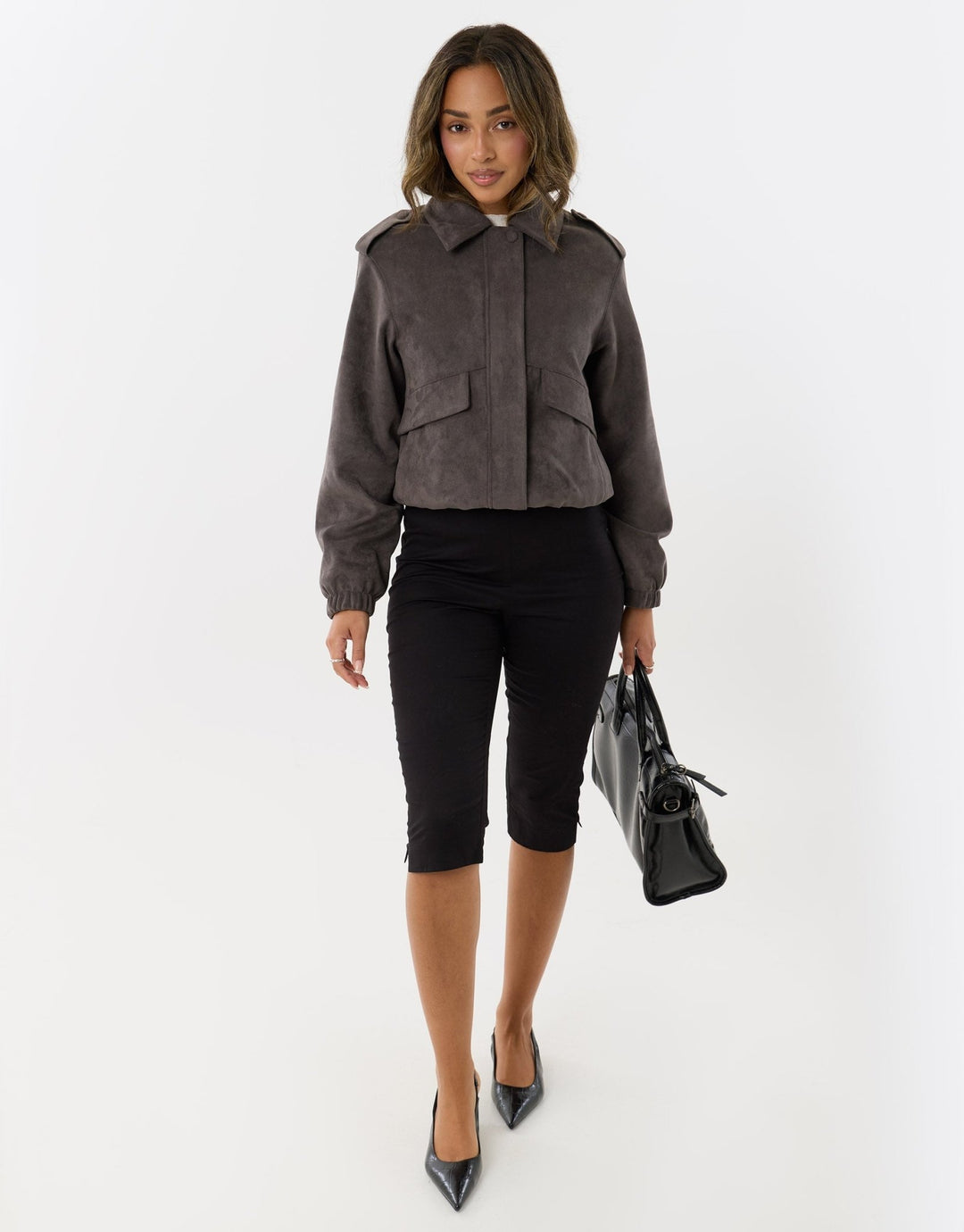 Faux Suede Collared Bomber Jacket in Charcoal Grey