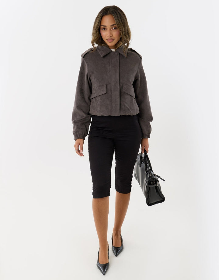 Faux Suede Collared Bomber Jacket in Charcoal Grey