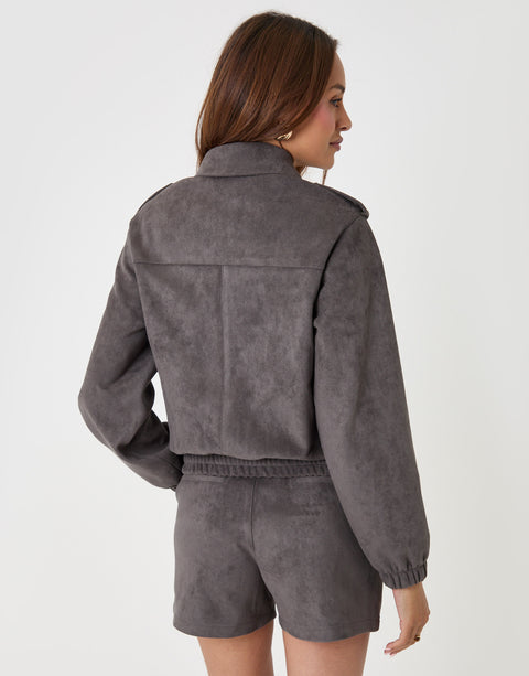 Threadbare Faux Suede Collared Bomber Jacket in Charcoal Grey - back view