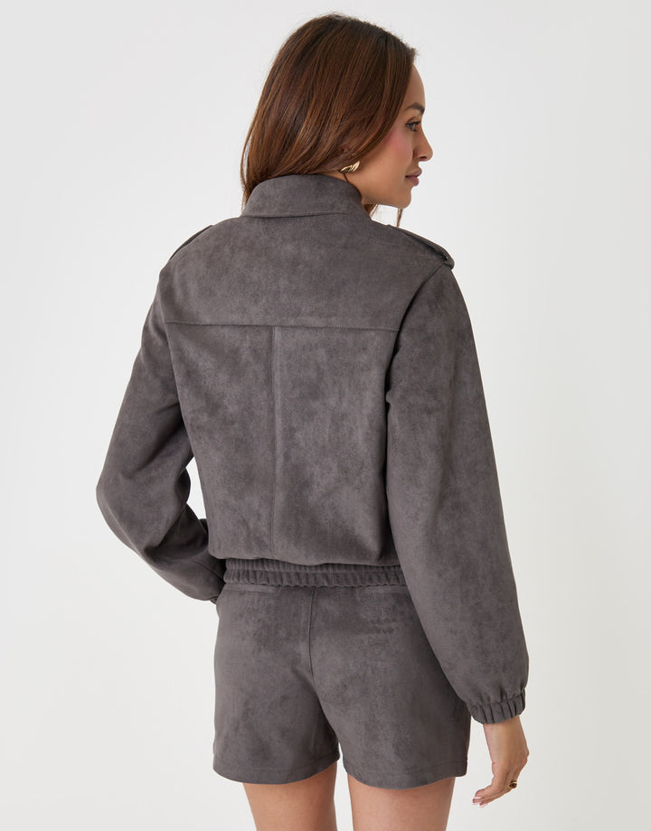 Threadbare Faux Suede Collared Bomber Jacket in Charcoal Grey - back view