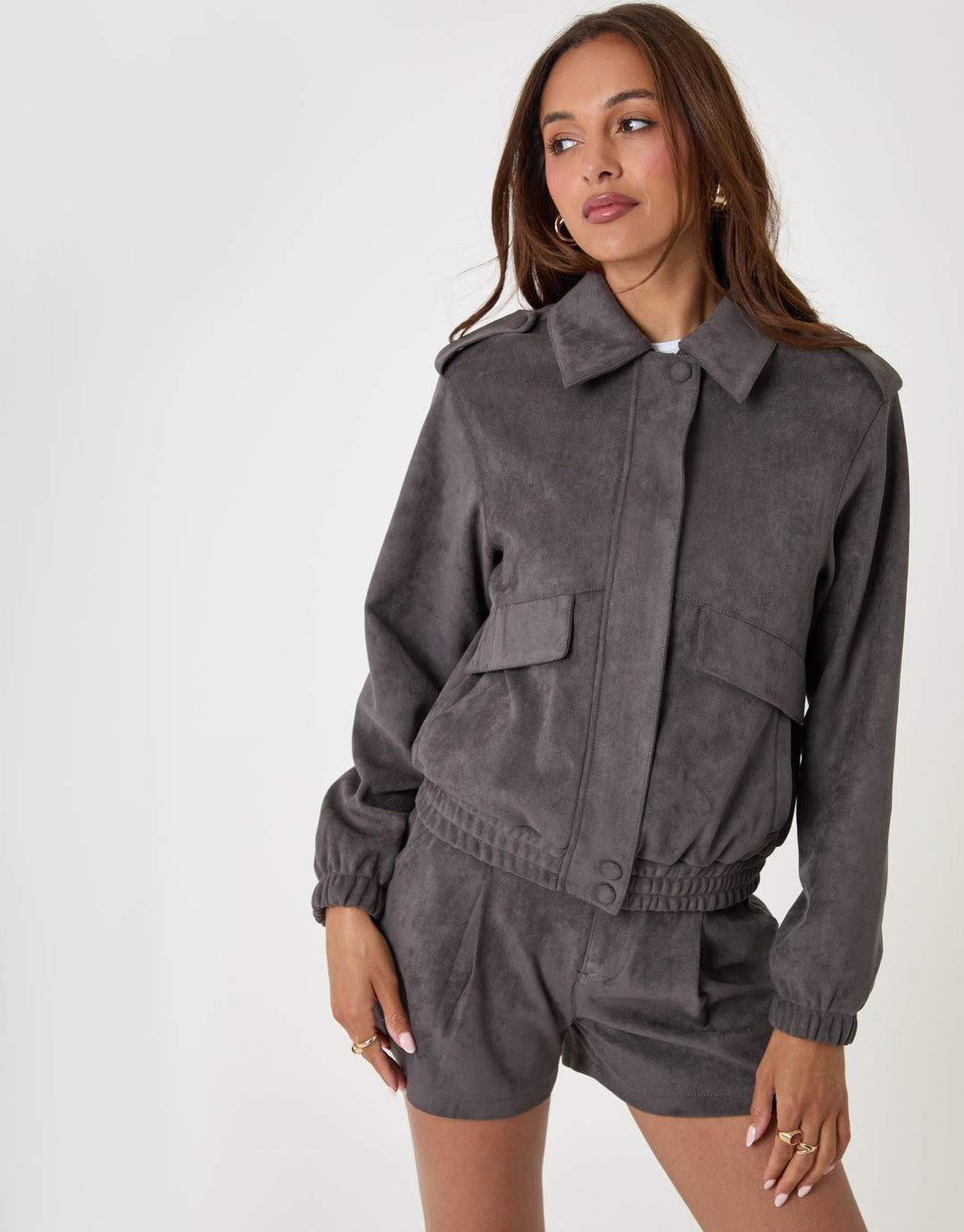 Threadbare Faux Suede Collared Bomber Jacket in Charcoal Grey - front full