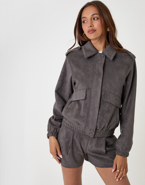 Threadbare Faux Suede Collared Bomber Jacket in Charcoal Grey - front full