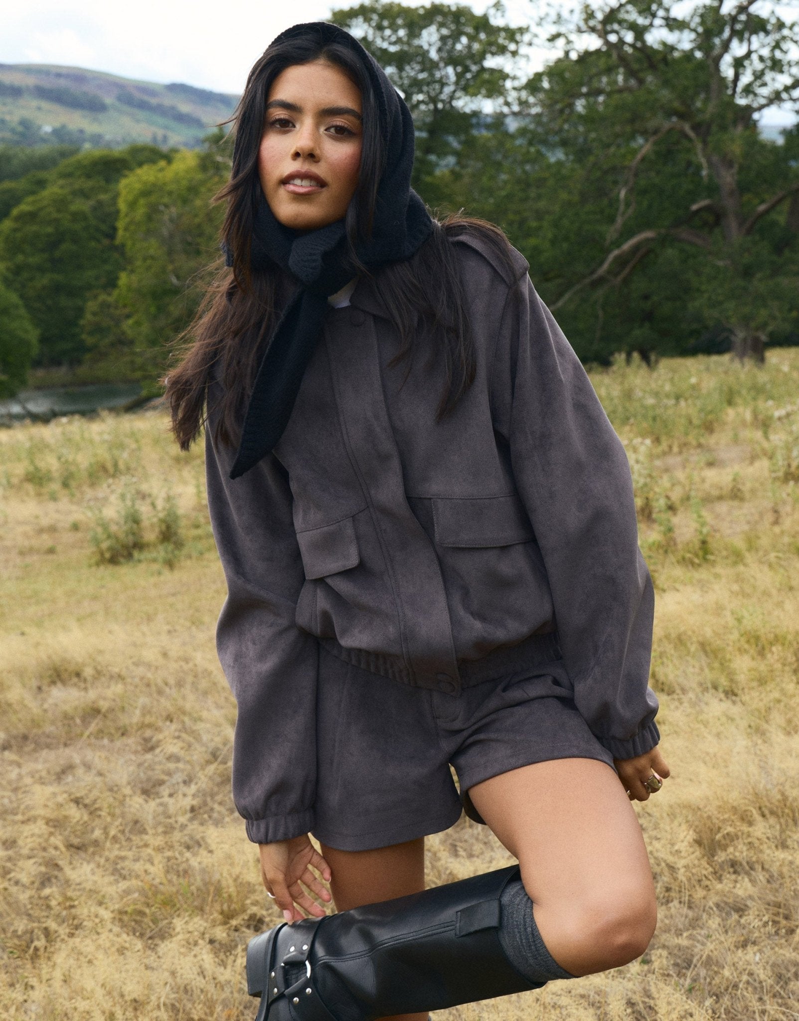 Faux Suede Collared Bomber Jacket in Charcoal Grey