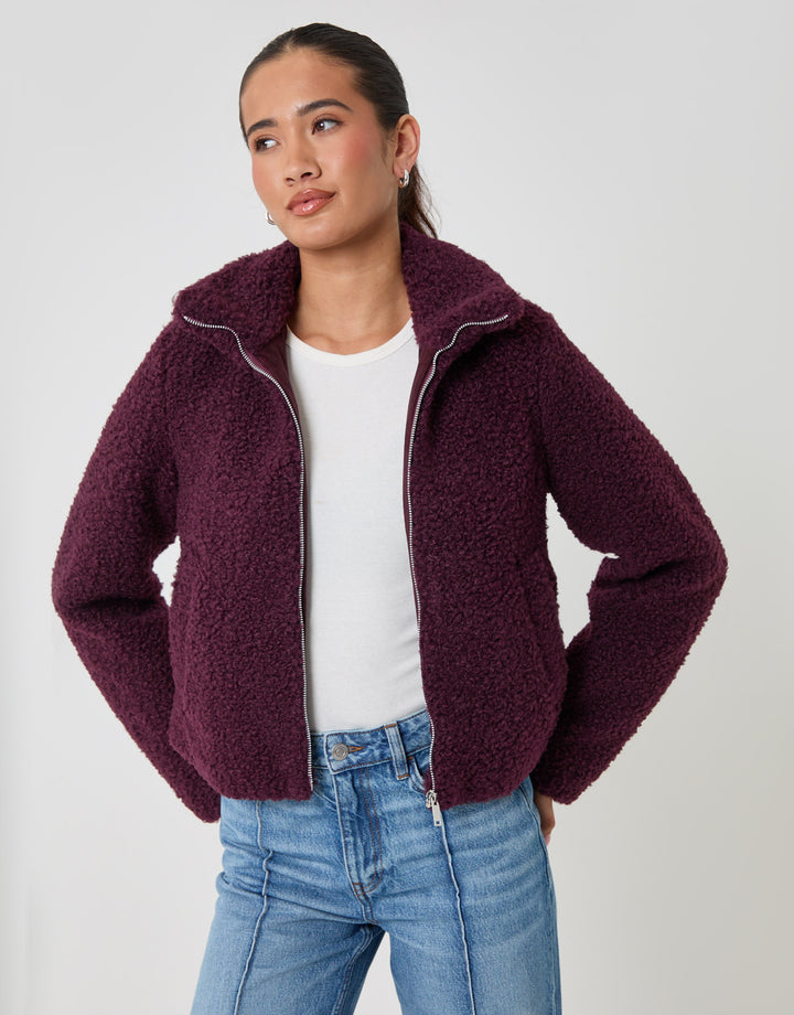 The Staple Funnel Neck Borg Bomber Jacket in Plum