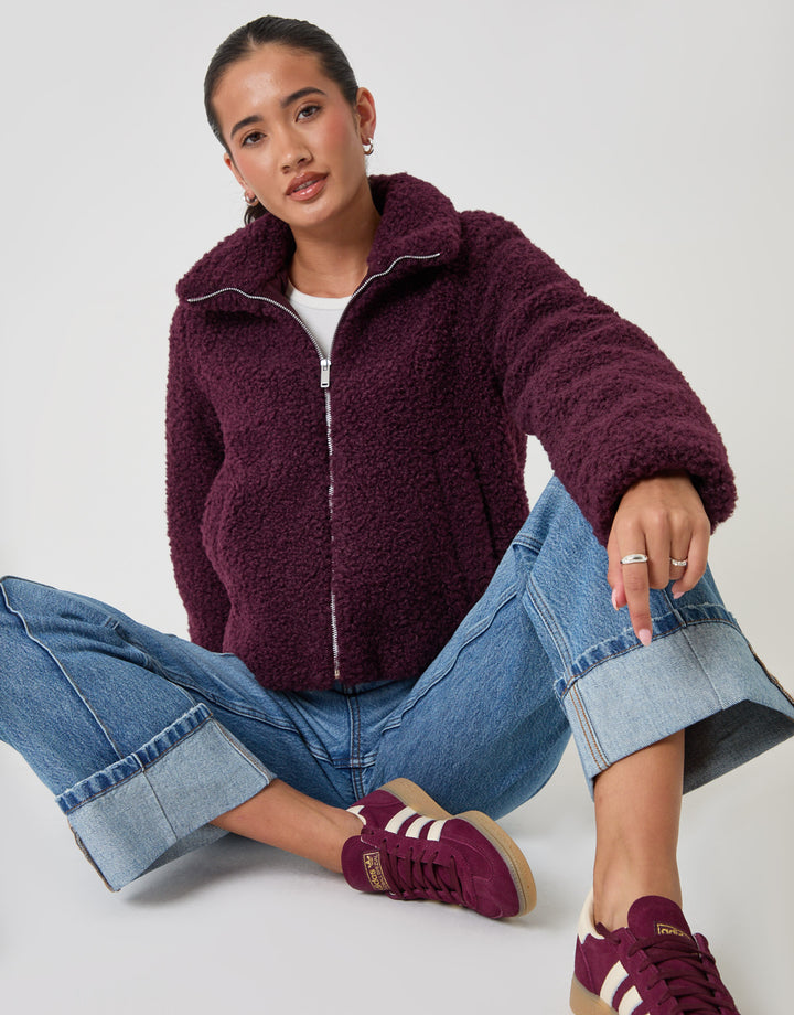 The Staple Funnel Neck Borg Bomber Jacket in Plum