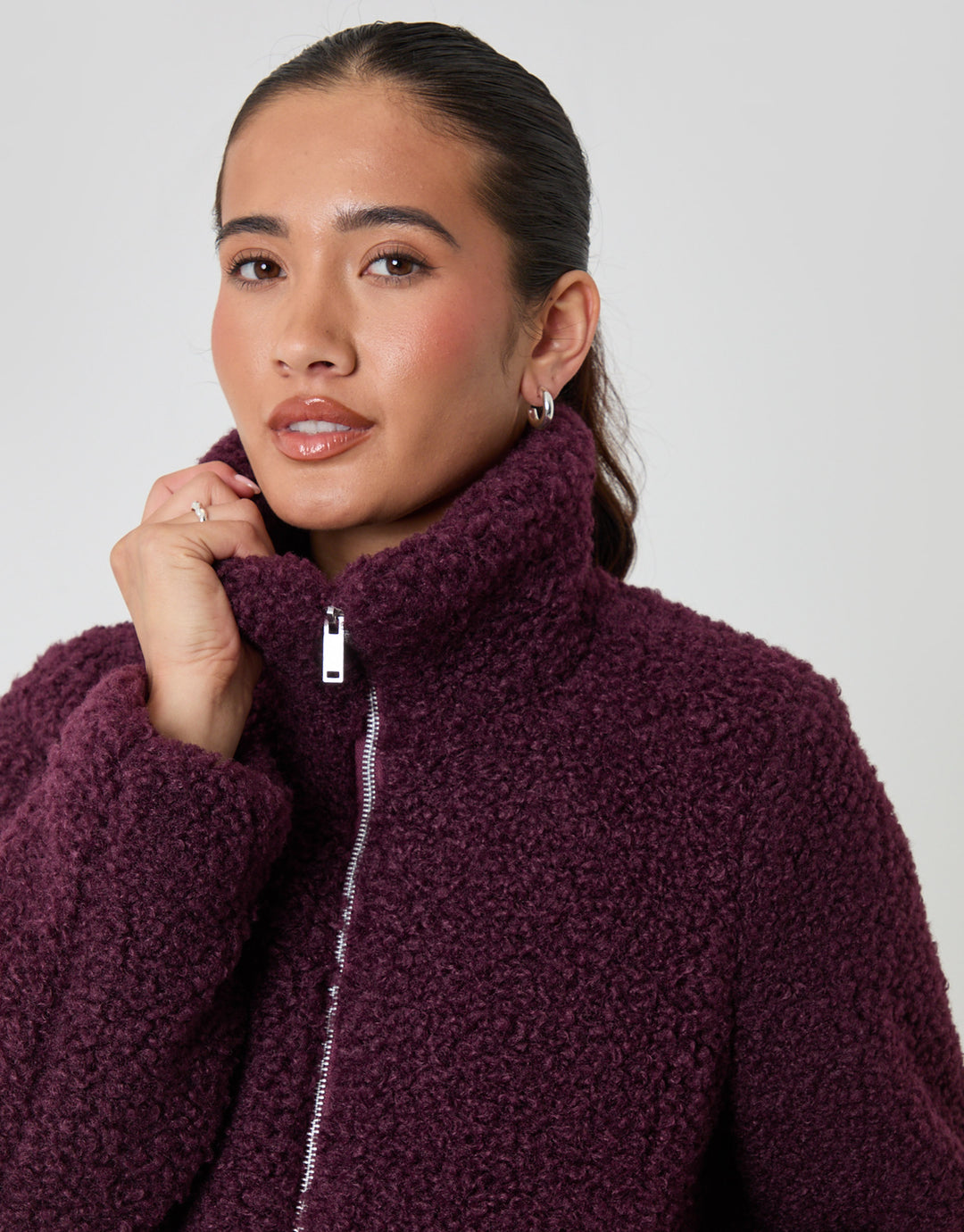 The Staple Funnel Neck Borg Bomber Jacket in Plum