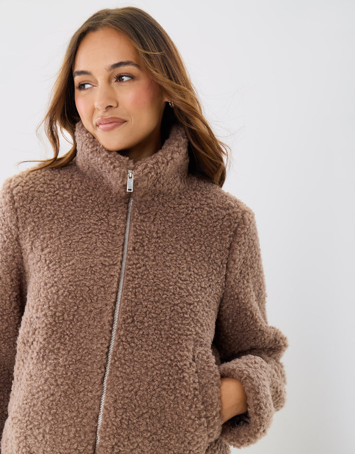 The Staple Funnel Neck Borg Bomber Jacket in Mink Brown