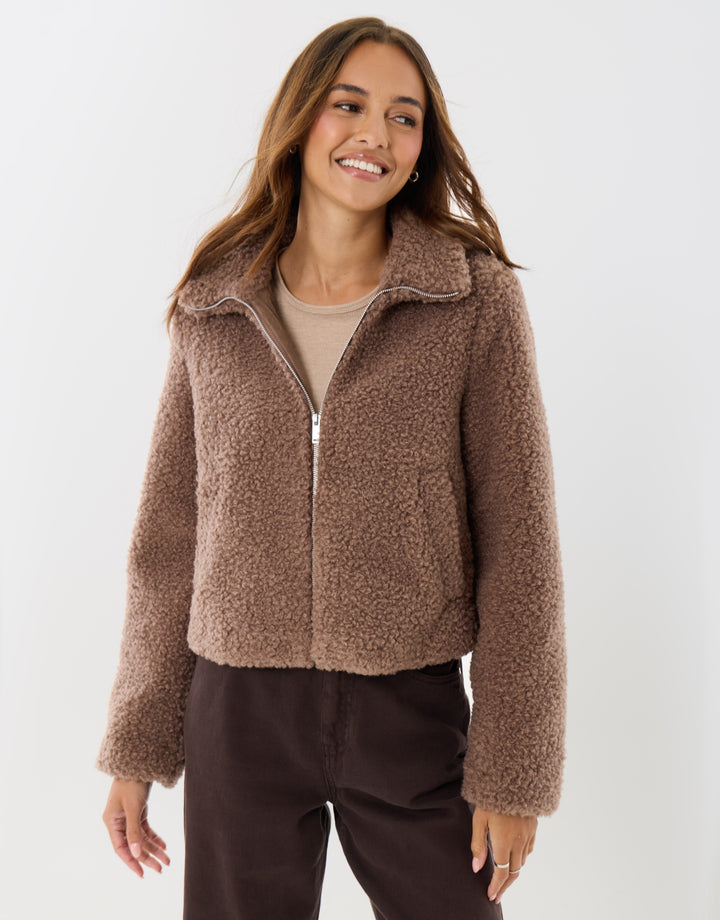 The Staple Funnel Neck Borg Bomber Jacket in Mink Brown