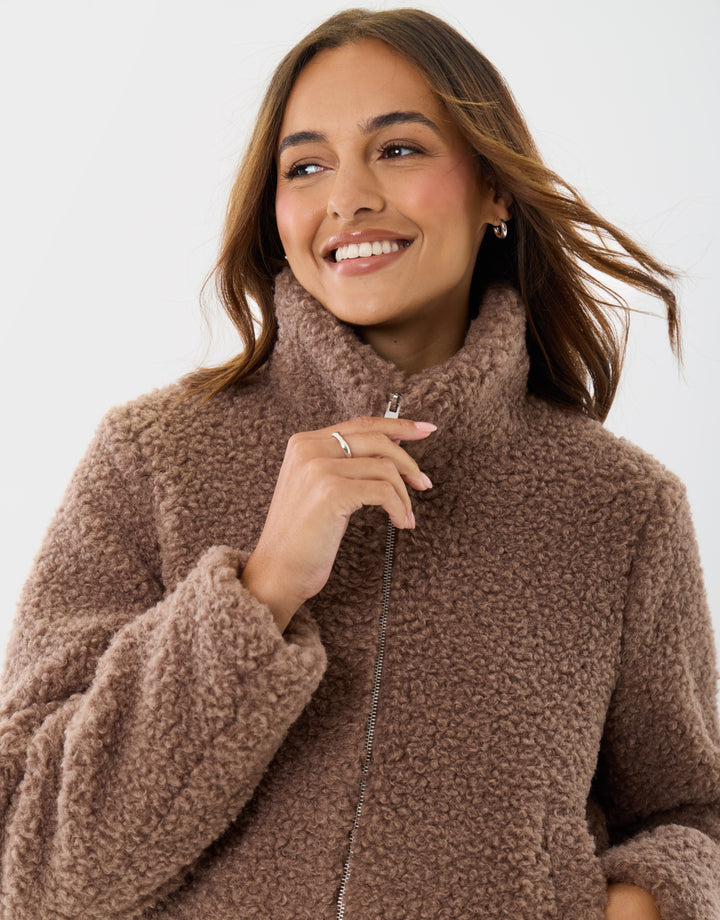 The Staple Funnel Neck Borg Bomber Jacket in Mink Brown