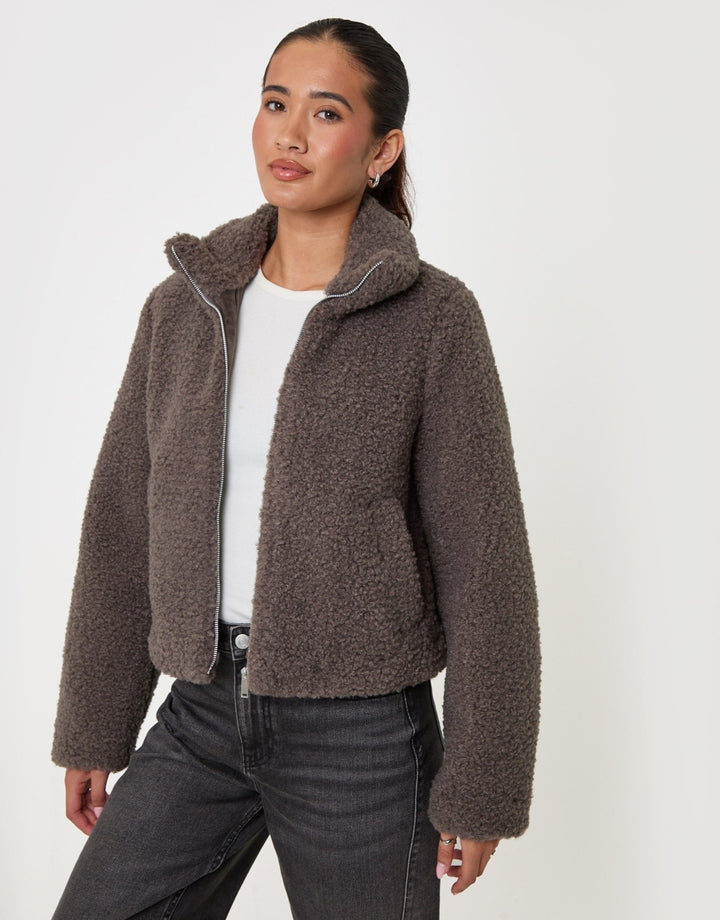 The Staple Funnel Neck Borg Bomber Jacket in Grey