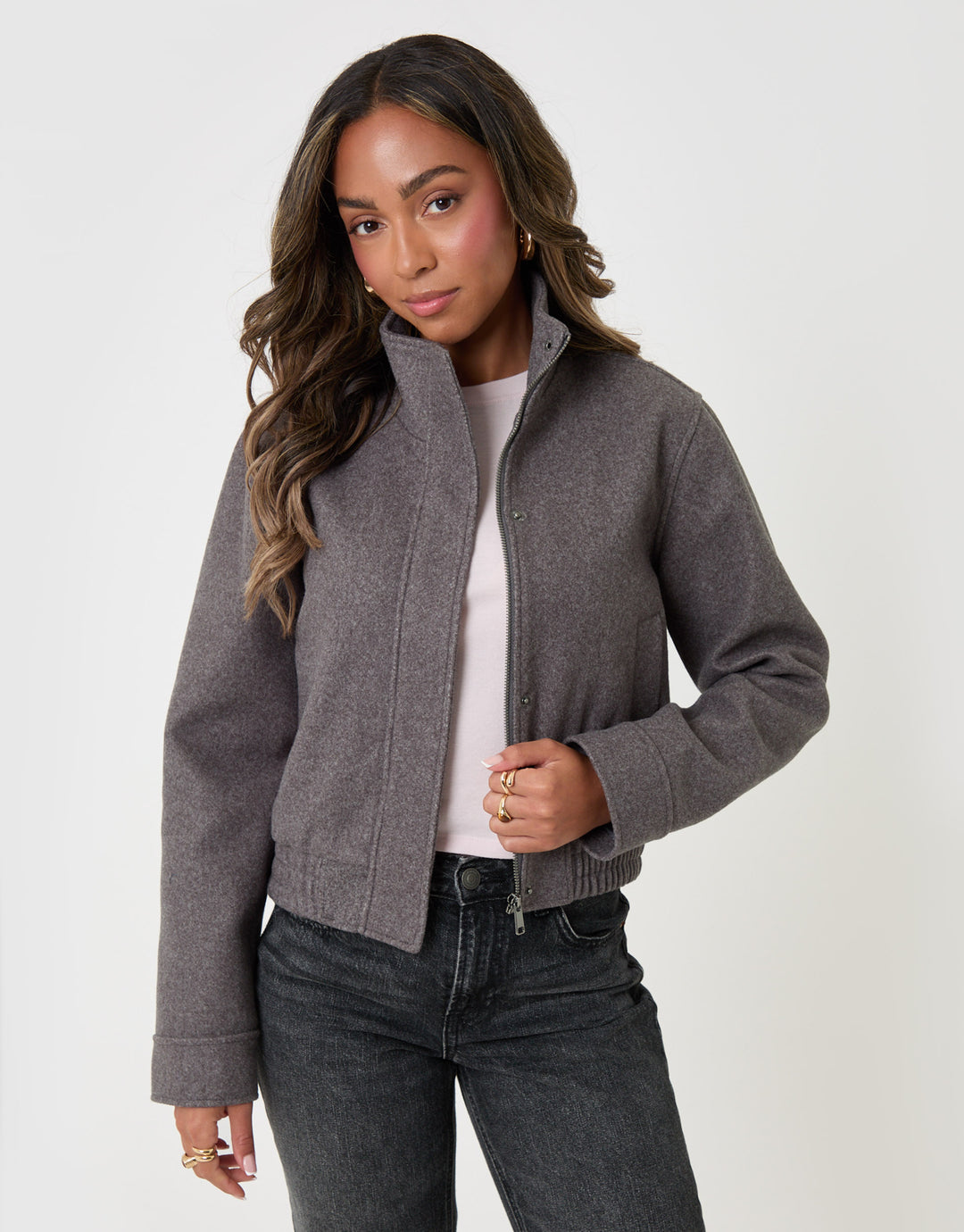 Threadbare Faux Wool Funnel Neck Bomber Jacket in Grey Marl - front view