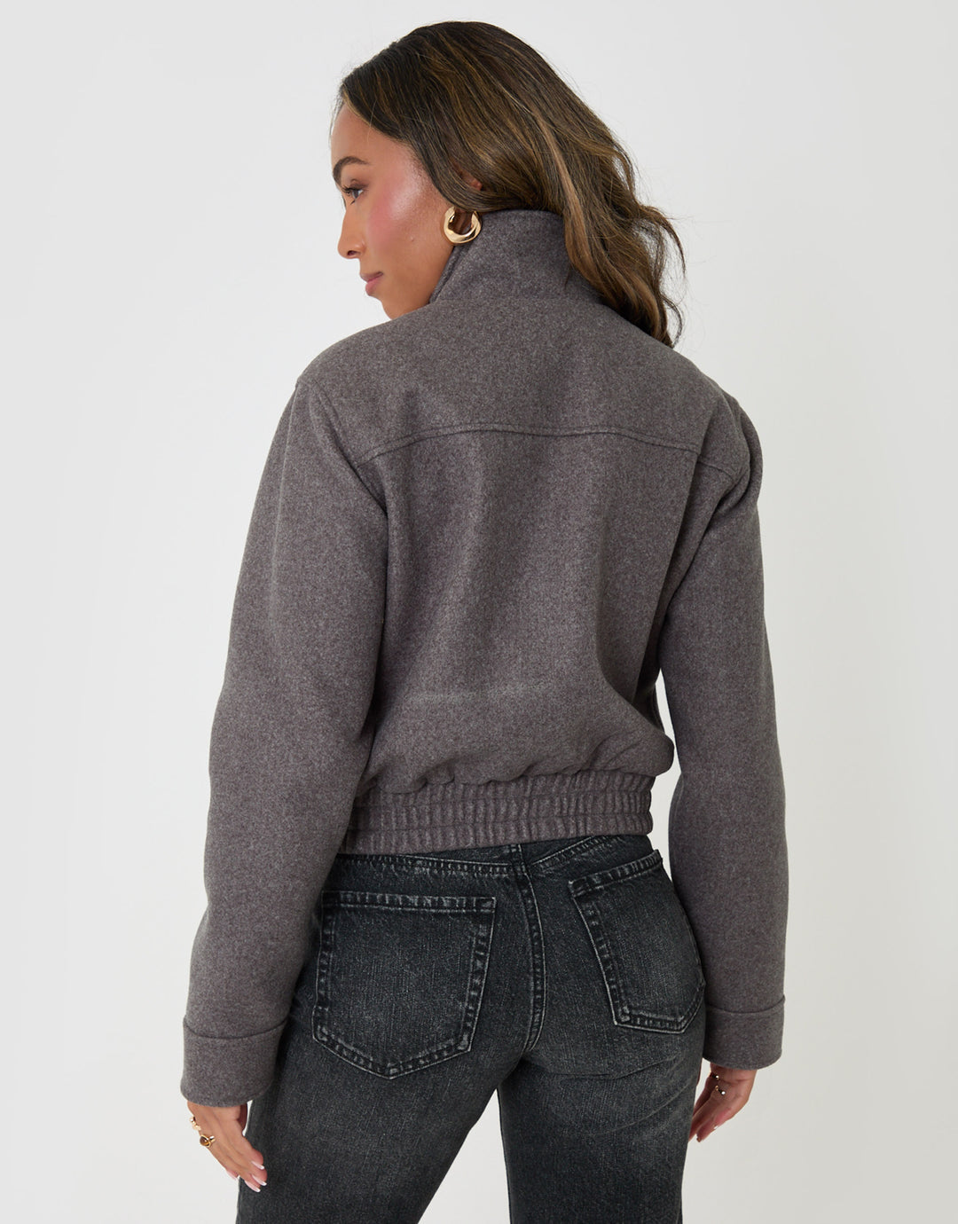 Threadbare Faux Wool Funnel Neck Bomber Jacket in Grey Marl - back view