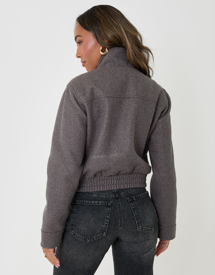 Threadbare Faux Wool Funnel Neck Bomber Jacket in Grey Marl - back view