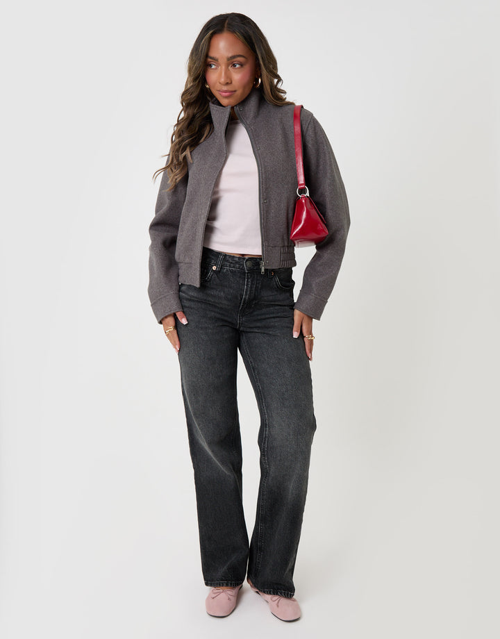 Threadbare Faux Wool Funnel Neck Bomber Jacket in Grey Marl - full body