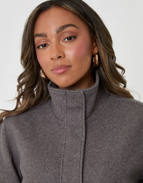 Threadbare Faux Wool Funnel Neck Bomber Jacket in Grey Marl - close up