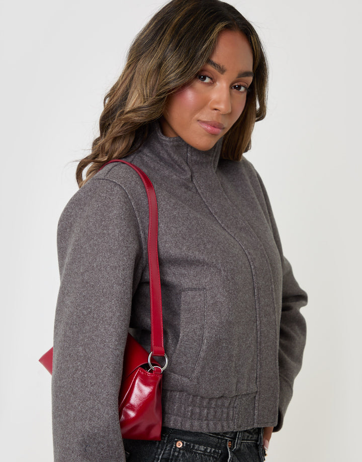 Threadbare Faux Wool Funnel Neck Bomber Jacket in Grey Marl - detail