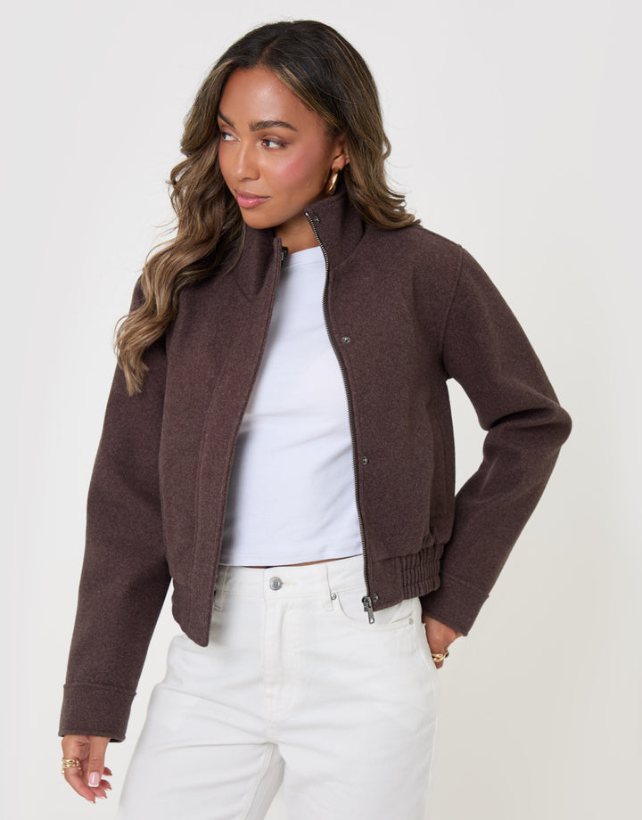 Threadbare Faux Wool Funnel Neck Bomber Jacket in Chocolate Brown - front view