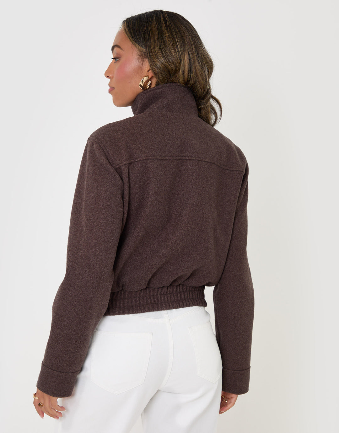 Threadbare Faux Wool Funnel Neck Bomber Jacket in Chocolate Brown - back view