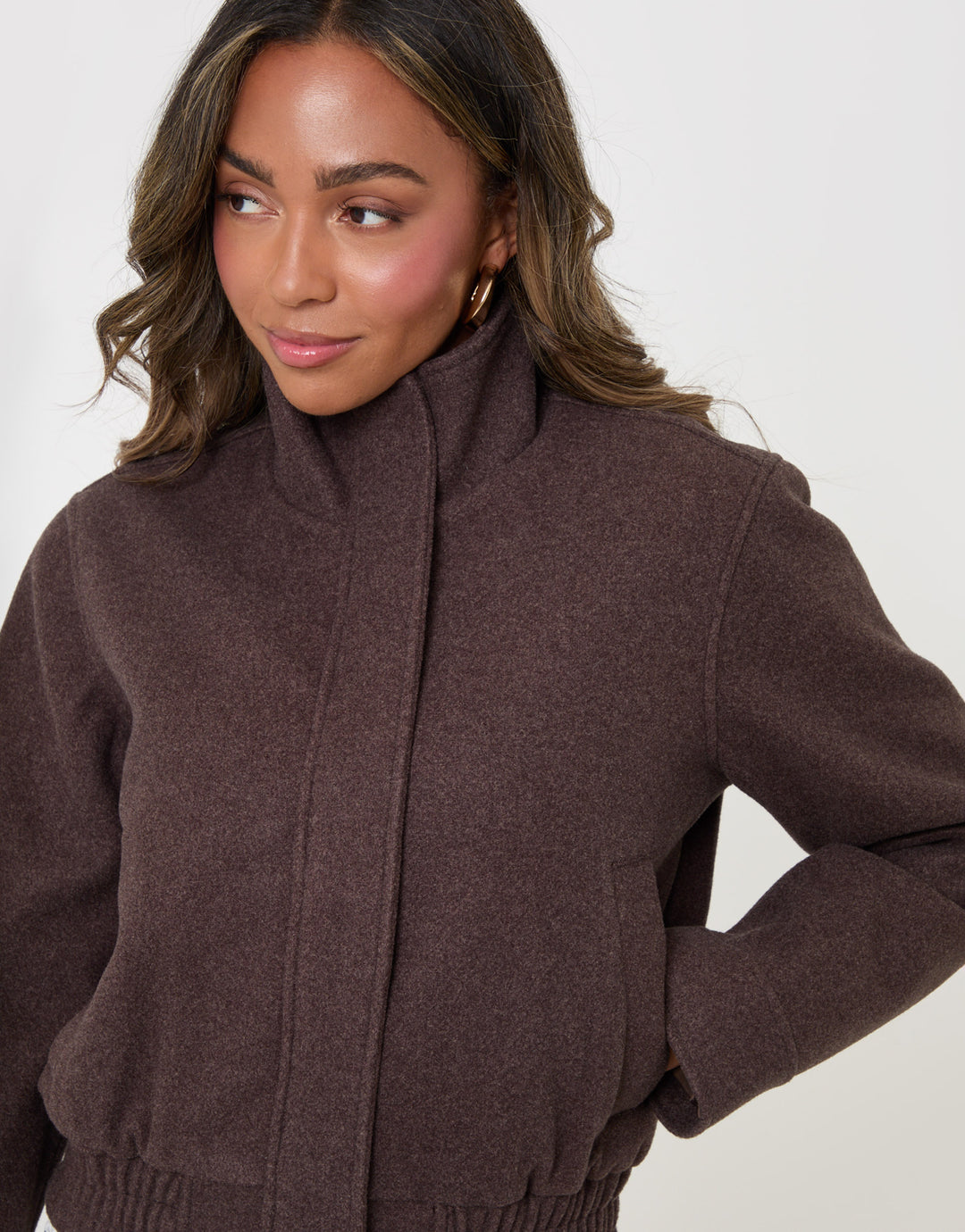 Threadbare Faux Wool Funnel Neck Bomber Jacket in Chocolate Brown - detail