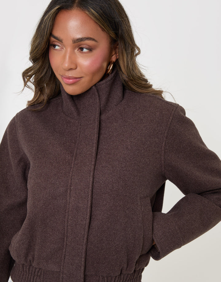 Threadbare Faux Wool Funnel Neck Bomber Jacket in Chocolate Brown - detail