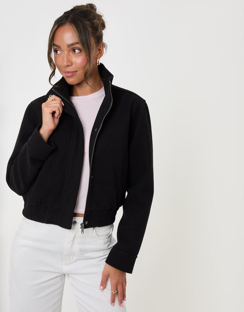 Threadbare Faux Wool Funnel Neck Bomber Jacket in Black - front view