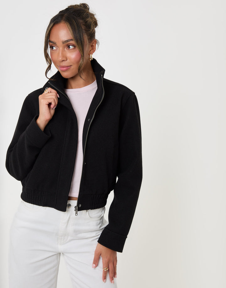 Threadbare Faux Wool Funnel Neck Bomber Jacket in Black - front view