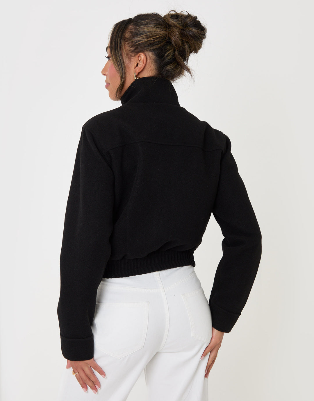 Threadbare Faux Wool Funnel Neck Bomber Jacket in Black - back view