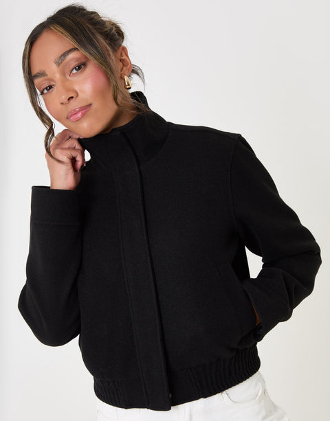 Threadbare Faux Wool Funnel Neck Bomber Jacket in Black - zipped up