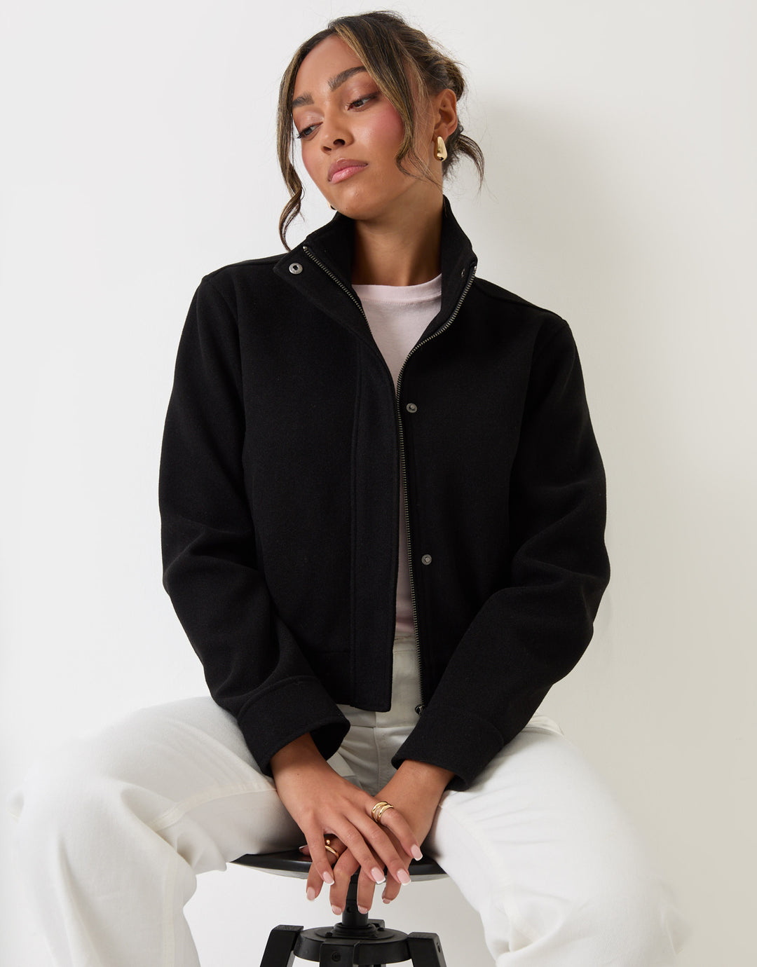 Threadbare Faux Wool Funnel Neck Bomber Jacket in Black - detail