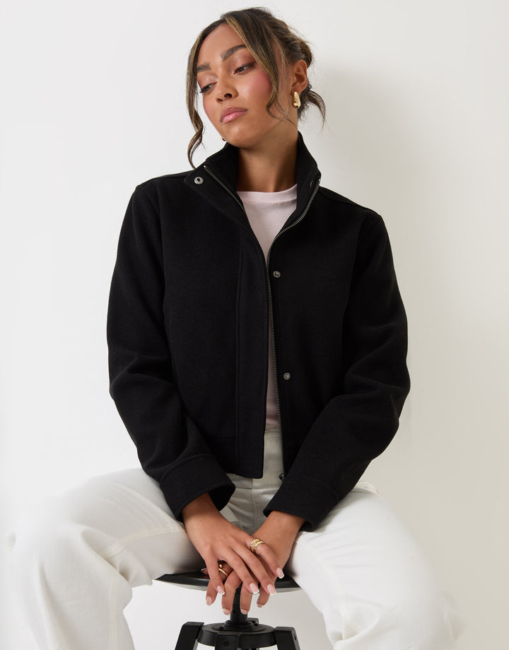 Threadbare Faux Wool Funnel Neck Bomber Jacket in Black - detail