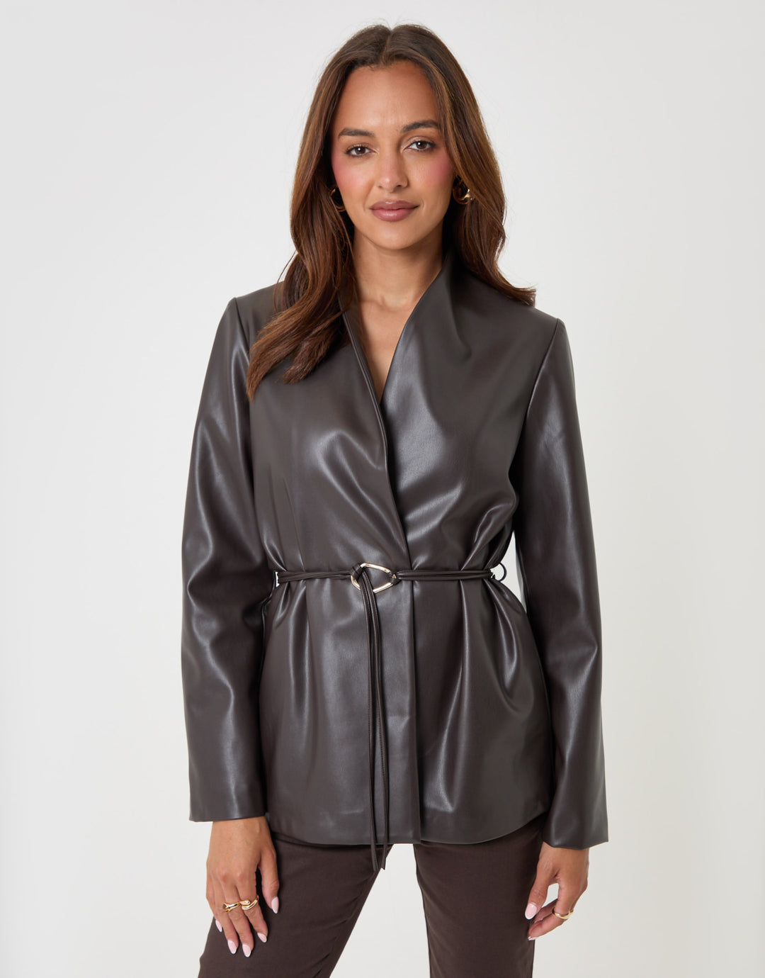 Threadbare Faux Leather Belted Blazer in Chocolate Brown - full body