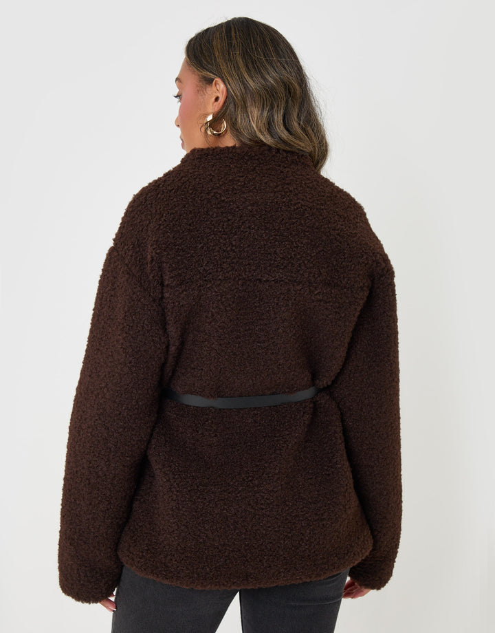 Threadbare Borg Belted Wrap Jacket in Chocolate Brown - back view