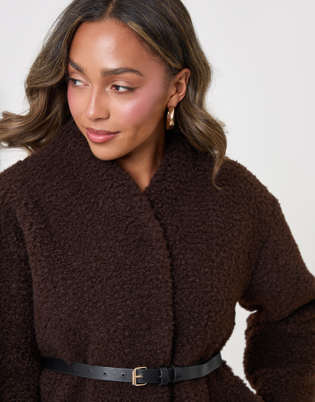 Threadbare Borg Belted Wrap Jacket in Chocolate Brown - detail