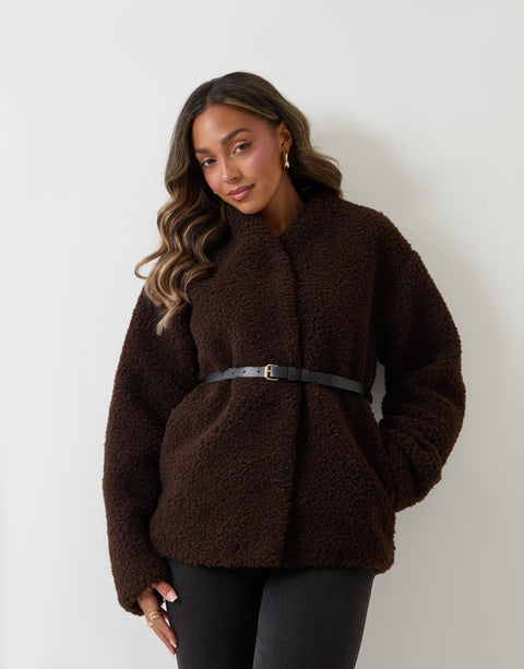 Threadbare Borg Belted Wrap Jacket in Chocolate Brown - front view