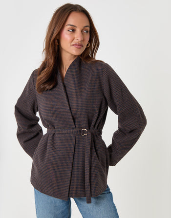 Threadbare Faux Wool Cocoon Blazer in Brown Check - front view