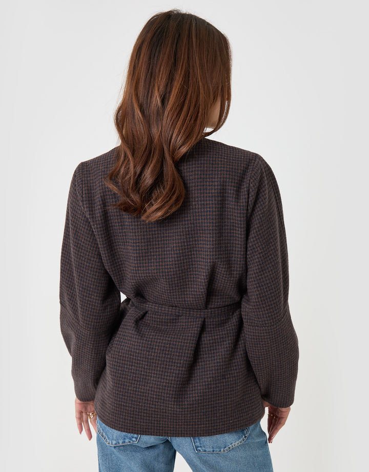 Threadbare Faux Wool Cocoon Blazer in Brown Check - back view