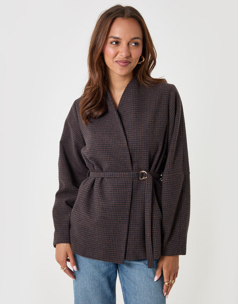 Threadbare Faux Wool Cocoon Blazer in Brown Check - front view close