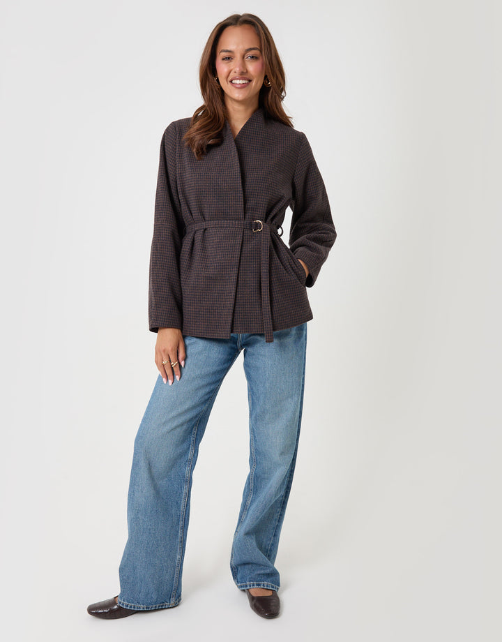 Threadbare Faux Wool Cocoon Blazer in Brown Check - full body
