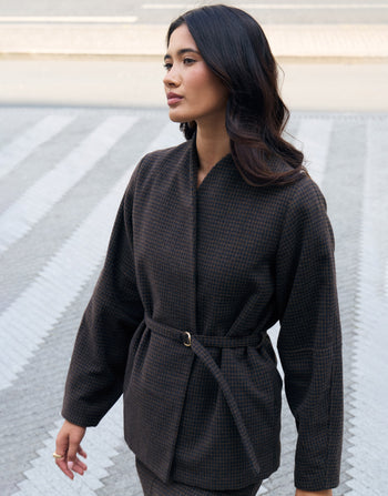 Threadbare Faux Wool Cocoon Blazer in Brown Check - campaign