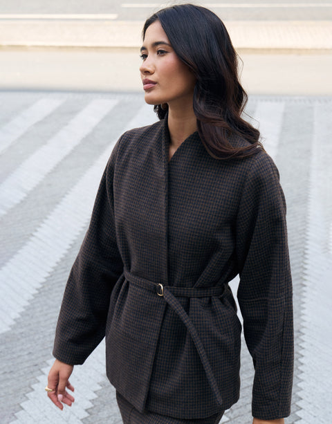 Threadbare Faux Wool Cocoon Blazer in Brown Check - campaign
