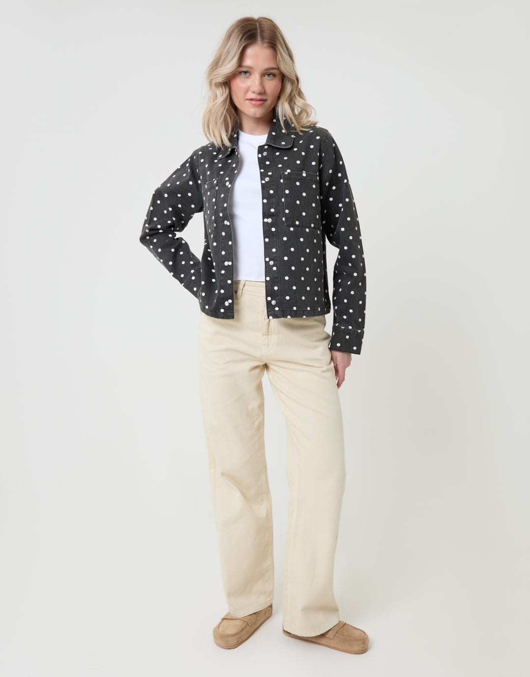 Threadbare Polka Dot Co-ord Denim Shacket in Mono - full body