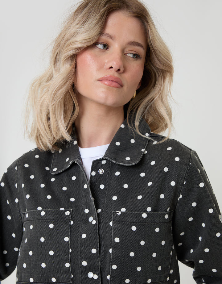 Threadbare Polka Dot Co-ord Denim Shacket in Mono - collar close up
