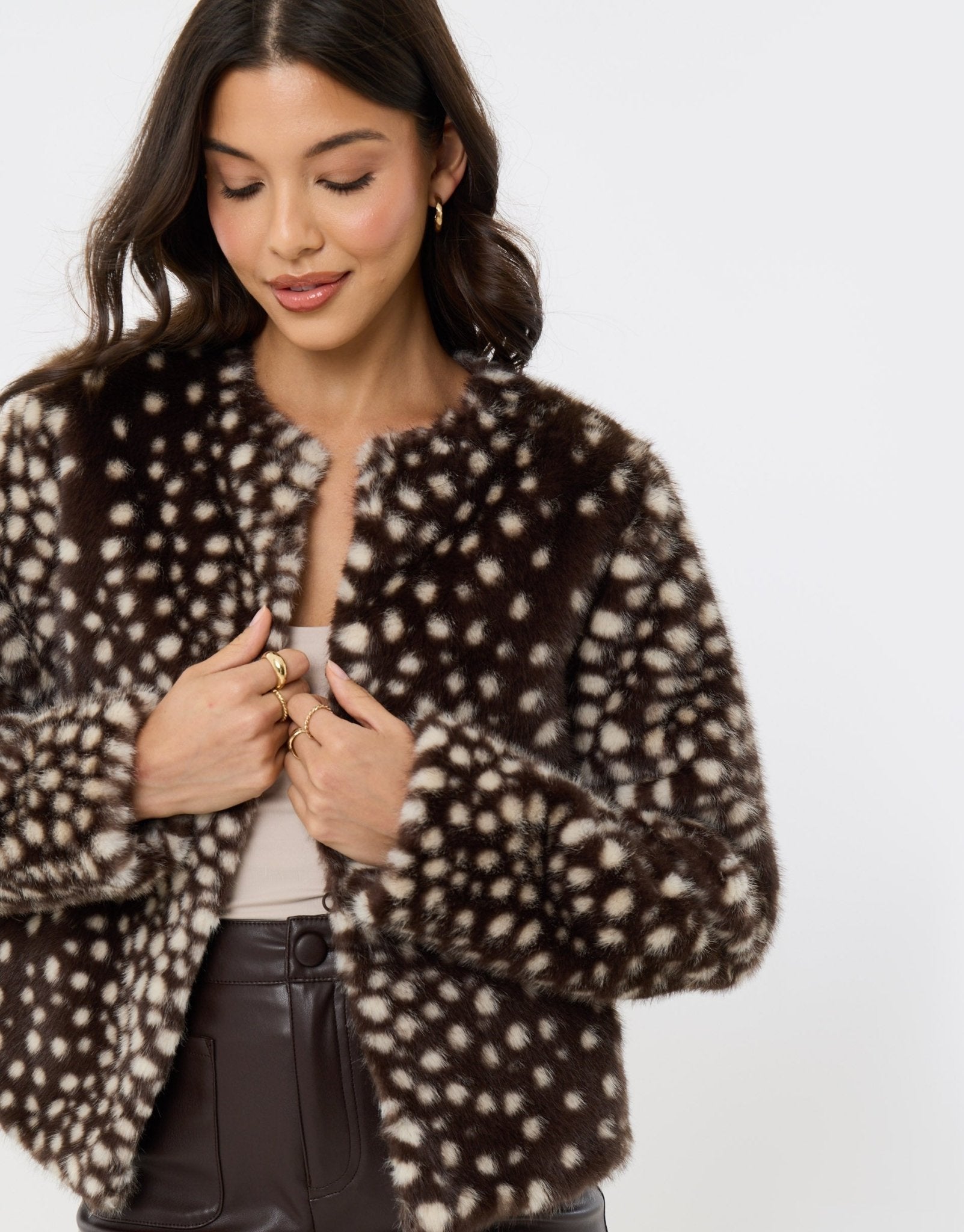 Collarless Faux Fur Jacket in Deer Print