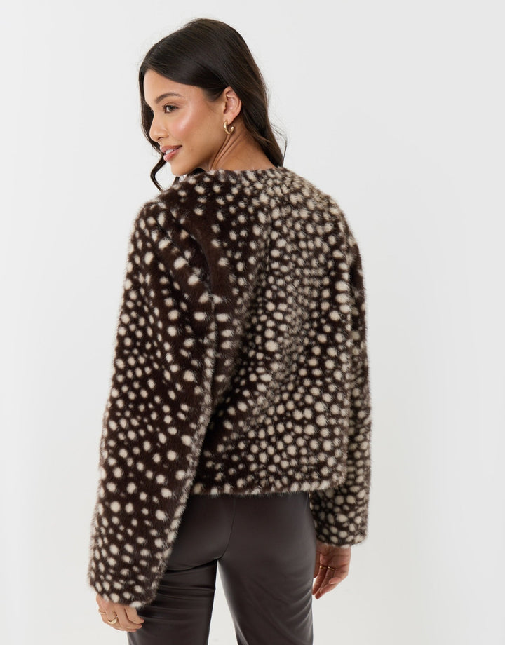 Collarless Faux Fur Jacket in Deer Print