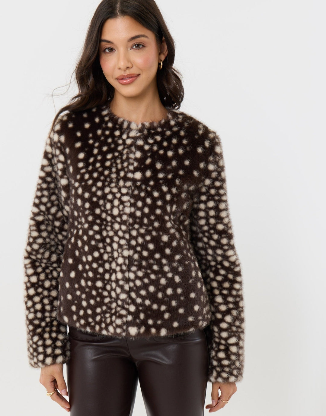 Collarless Faux Fur Jacket in Deer Print