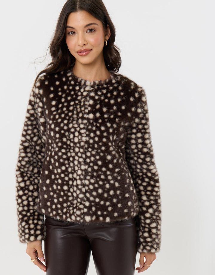Collarless Faux Fur Jacket in Deer Print