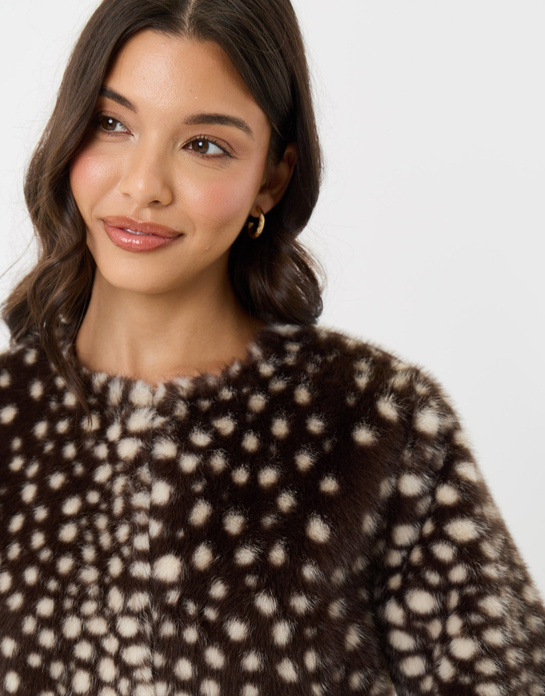 Collarless Faux Fur Jacket in Deer Print