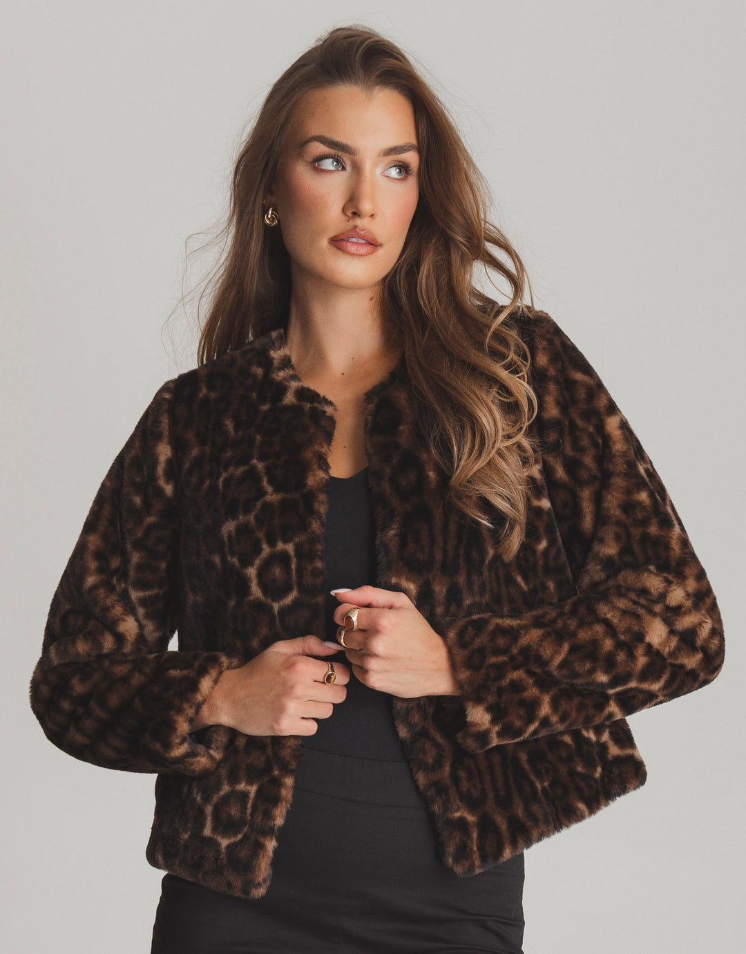 Collarless Faux Fur Jacket in Leopard Print