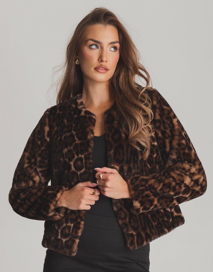 Collarless Faux Fur Jacket in Leopard Print